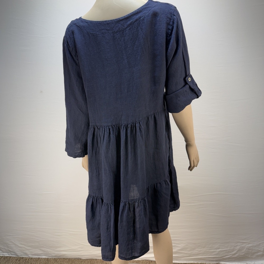 Bellambia Navy Blue Linen Tiered Dress Size L V-Neck 3/4 Roll Sleeve Made Italy - Picture 4 of 7